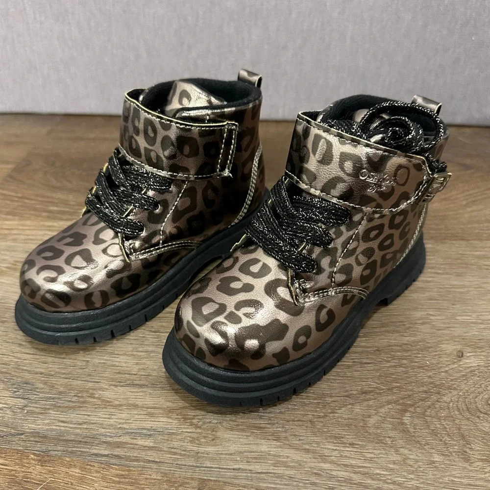 OshKosh B'gosh‎ Toddler Girls Leopard Combat Boots Size 8M Metallic Bronze